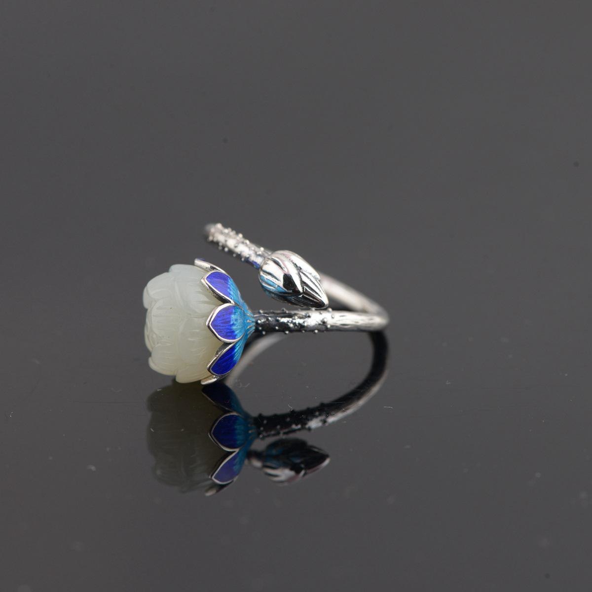 GQTORCH Real 925 Silver Rings Inlaid Hetian Jade Natural Stone Lotus Flower Shaped 18k Gold Plated Enameling Fine Jewelry