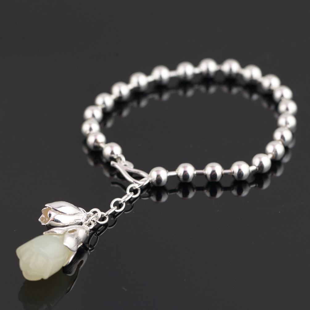 GQTORCH Real 925 Sterling Silver Beads Bracelets For Women With Genuine Hetian Jade Charm Flower Shaped Armbanden Voor Vrouwen