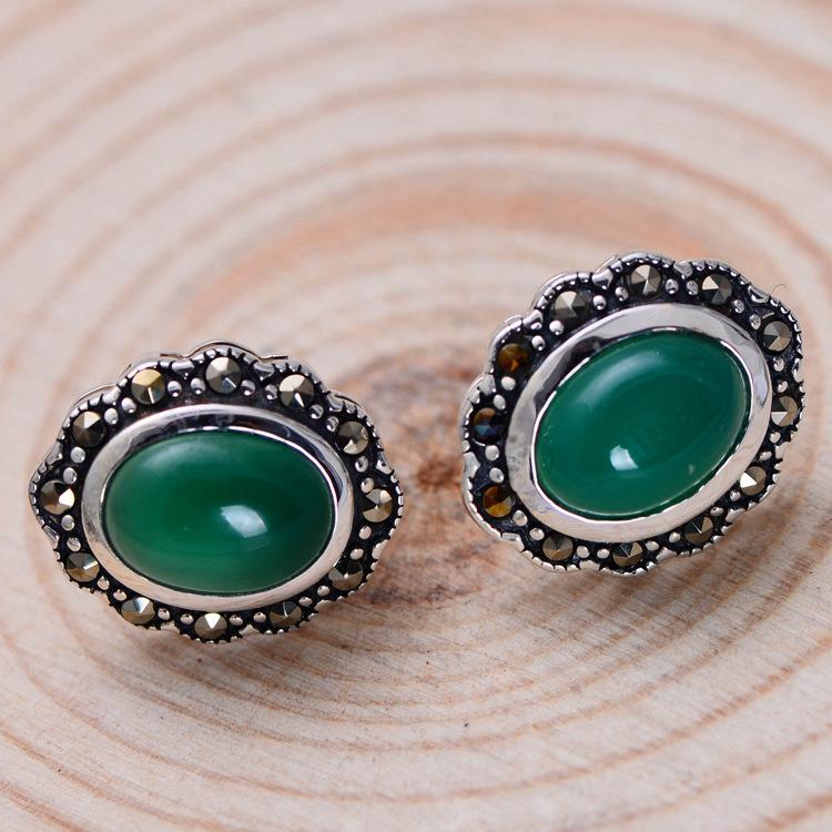 GQTORCH Real 925 Sterling Silver Earrings For Women Vintage Type Flower Design Inlaid Mosaic Retro Green Agate Female Earrings