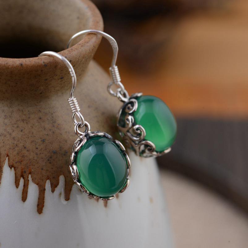 GQTORCH Real 925 Sterling Silver Green Chalcedony Earrings For Women Vintage Hollow Flower Hook Drop Earrings Boucle D'oreille