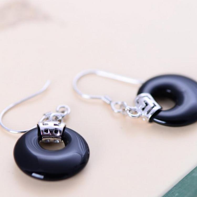 GQTORCH Real 925 Sterling Silver Hook Black Agate Drop Earrings For Women Small Round Disc Natural Stone Simple Earrings 2020