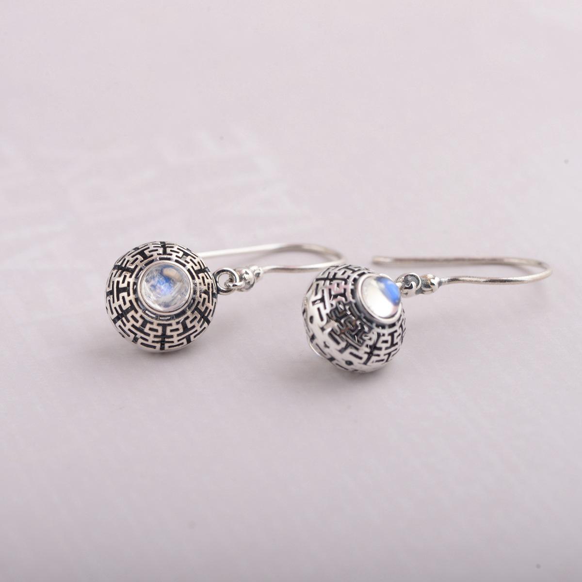 GQTORCH Real 925 Sterling Silver Natural Gemstone Dangle Earrings for Women Vintage Design Blue Moonstone Earrings