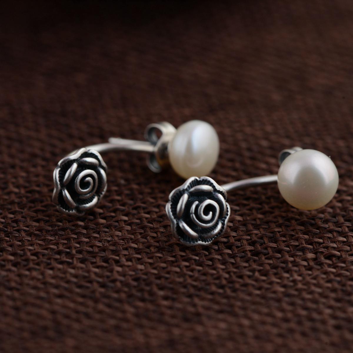 GQTORCH Real 925 Sterling Silver Pearl Earrings Rose Flower Shaped Natural Vintage Style Women Earrings
