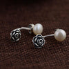 GQTORCH Real 925 Sterling Silver Pearl Earrings Rose Flower Shaped Natural Vintage Style Women Earrings