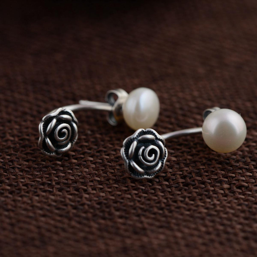 GQTORCH Real 925 Sterling Silver Pearl Earrings Rose Flower Shaped Natural Vintage Style Women Earrings