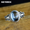 GQTORCH Real 925 Sterling Silver Ring Fine Jewelry Natural Blue Topaz Rings For Women Vintage Retro Type Flower Carving