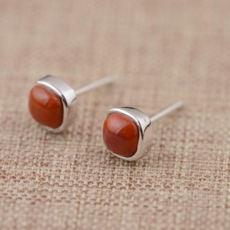 GQTORCH Real 925 Sterling Silver Stud Earrings For Women Inlaid Red Onyx Natural Gemstone Vintage Style High Quality Jewelry