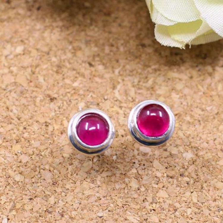 GQTORCH Real 925 Sterling Silver Women Earring Stud Small Round Cute Red Corundum Ruby Jewelry Natural Gemstone