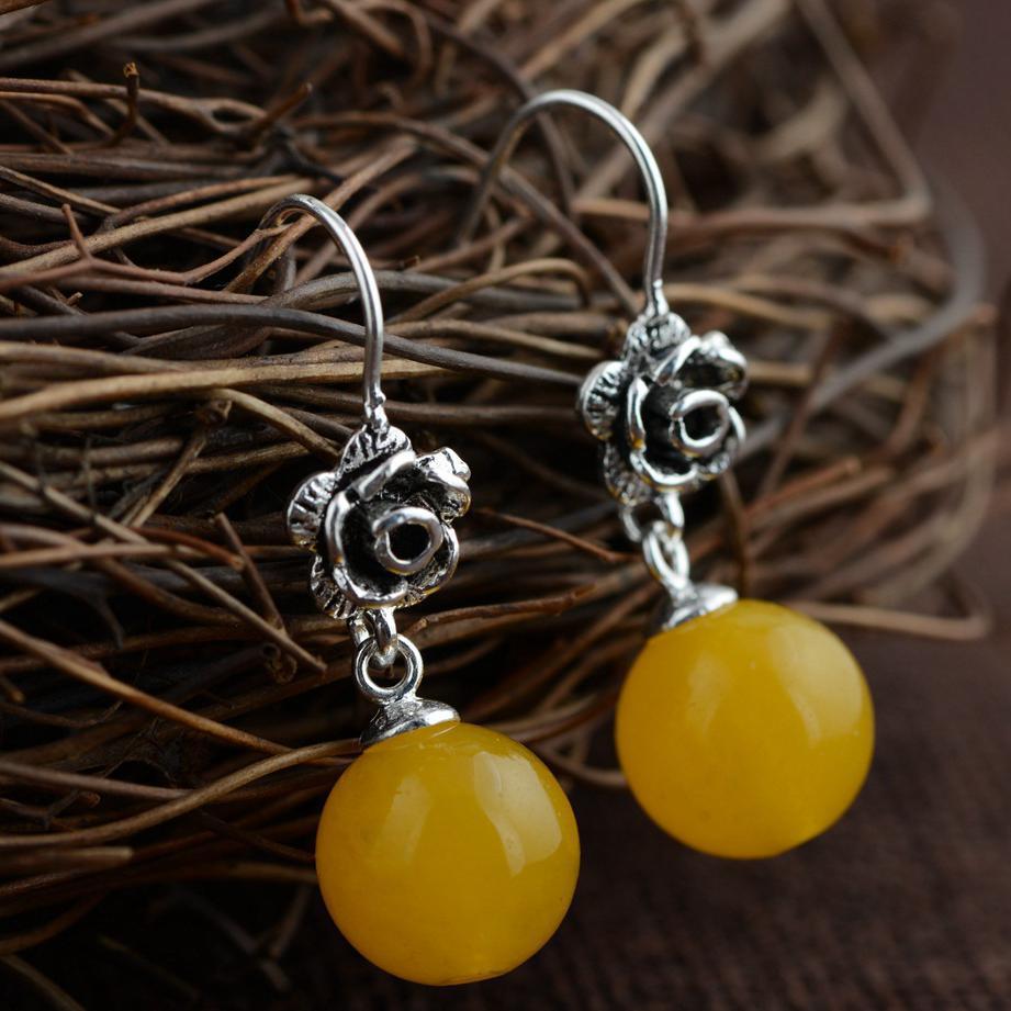 GQTORCH Real 925 Sterling Silver Yellow Chalcedony Earrings For Women Natural Gemstone Vintage Beautiful Rose Flower Engraved