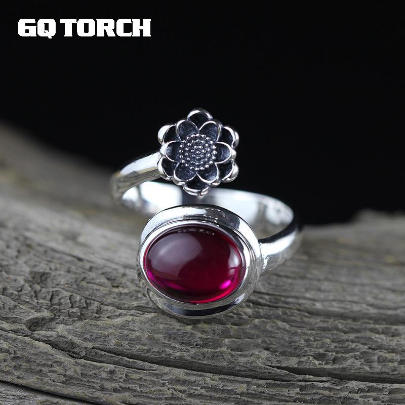 GQTORCH Real Pure 925 Sterling Silver Jewelry Ruby Rings Women Oval Natural Red Corundum Opening Type Vintage Flower Rings