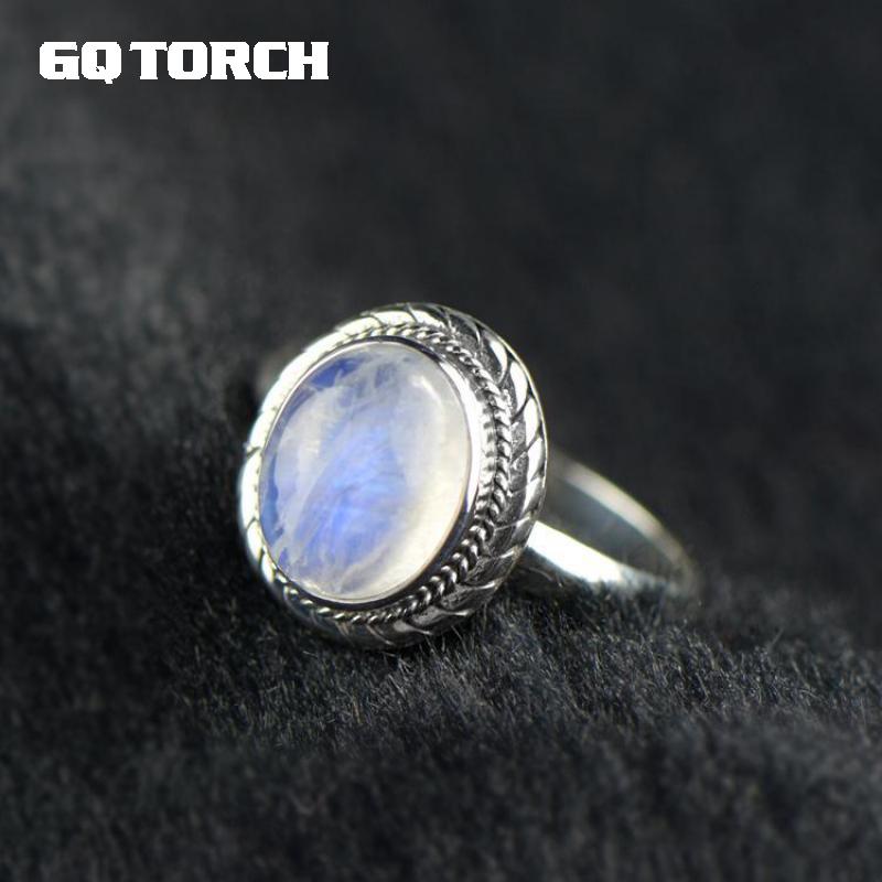 GQTORCH Real Pure 925 Sterling Silver Natural Moonstone Ring Oval Gemstone Vintage Thai Silver Fine Jewelry