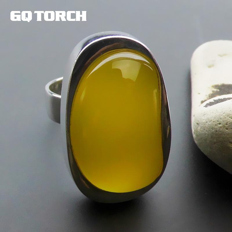 GQTORCH Real Pure 925 Sterling Silver Yellow Natural Agate Gemstone Rings For Women Large Opening Exaggerated Statement Jewelry