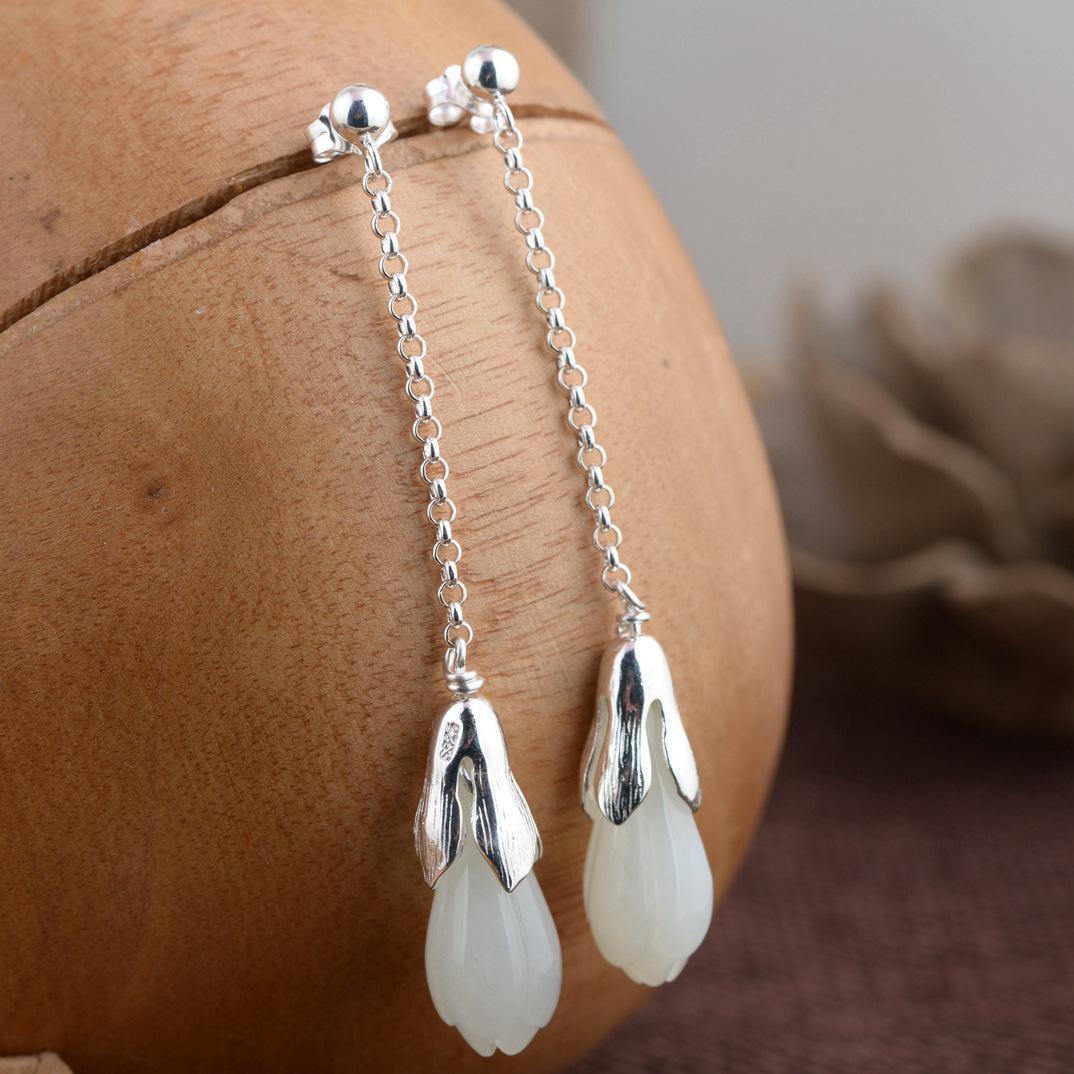 GQTORCH Real Silver 925 Natural Hetian Jade Drop Earrings Long Flower Bud Design For Women Fine Jewelry Best Gift