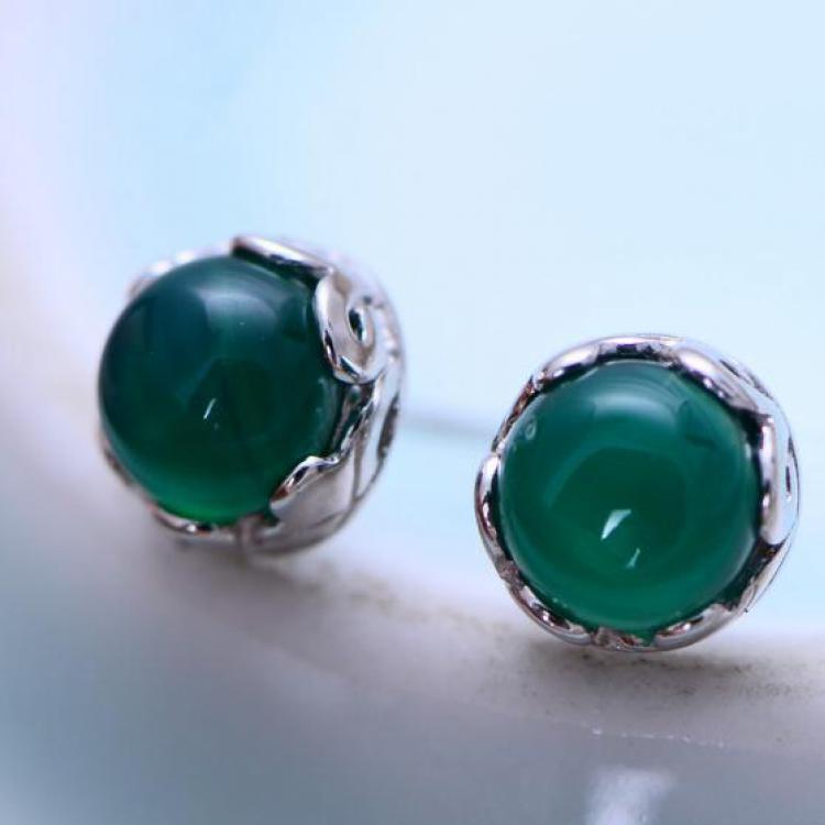 GQTORCH Silver 925 Jewelry Green Onyx Stud Earrings For Women Small Lovely Female Pendientes Plata 925