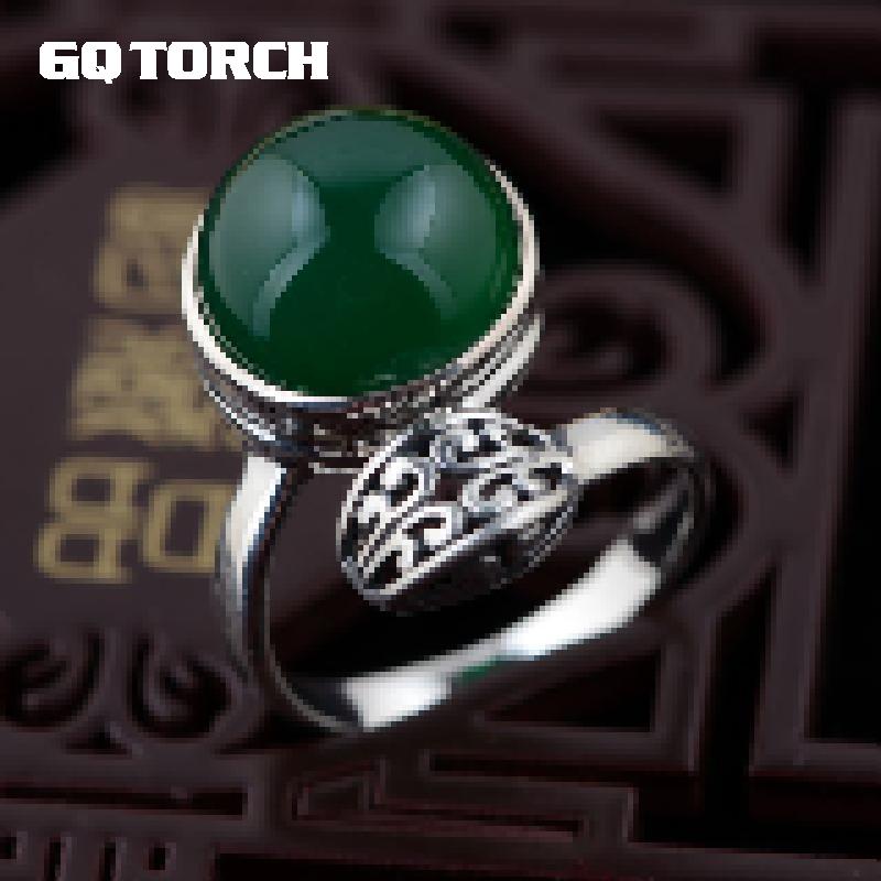 GQTORCH Thai Silver Natural Green Agate Rings Adjustable 925 Silver Vitnage Style Female Hollow Flower Engraved Exquisite Design