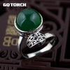GQTORCH Thai Silver Natural Green Agate Rings Adjustable 925 Silver Vitnage Style Female Hollow Flower Engraved Exquisite Design
