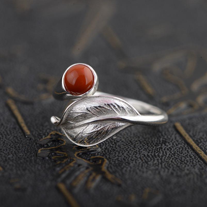 GQTORCH Vintage 925 Sterling Silver Womens Rings Leaf Flower Shape Inlaid Lapis Lazuli Red Onyx Natural Stone Ring Opening Type