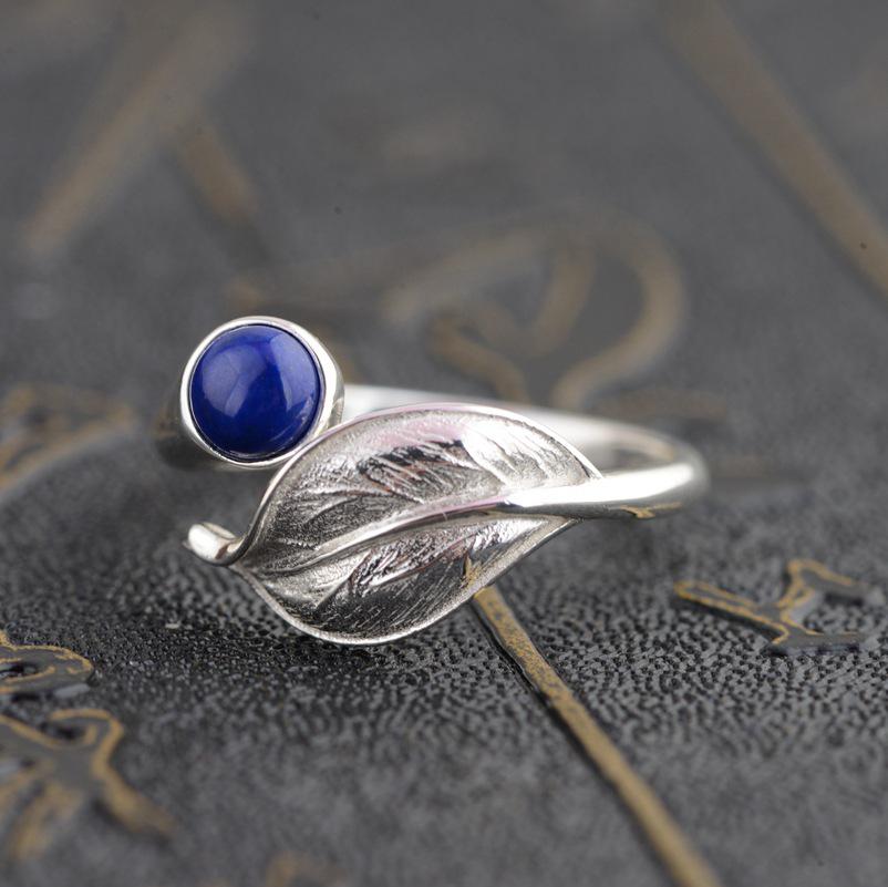 GQTORCH Vintage 925 Sterling Silver Womens Rings Leaf Flower Shape Inlaid Lapis Lazuli Red Onyx Natural Stone Ring Opening Type