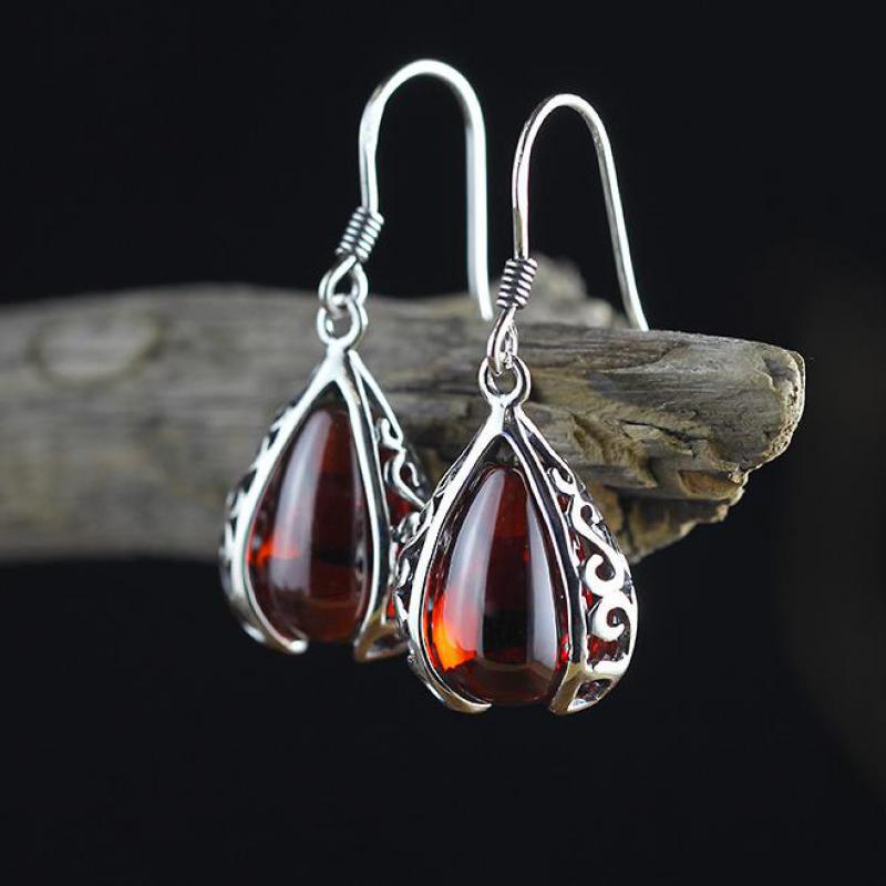 GQTORCH Vintage Ruby Jewelry 925 Sterling Silver Drop Earrings Hooks Hollow Flower Deisgn Natural Gemstone Brincos 2020