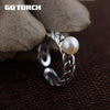 GQTORCH Vintage Thai Silver Braided Rings For Women With Natural Pearl 925 Sterling Silver Jewelry Opening Type 2020