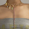 GSOLD Boho Thick Link Chain Stitching Pink Crystal Claw Chain Tassel Necklace Enamel Leaf Charm Women Multi-Layered Jewelry