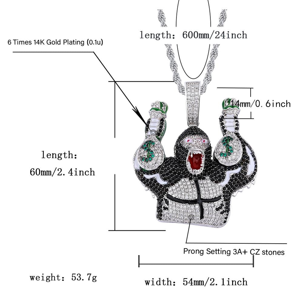 GUCY Animal Gorilla Pendant Necklace With Tennis Chain Silver Color Charm Bling Cubic Zircon Men's Hip Hop Rock Jewelry