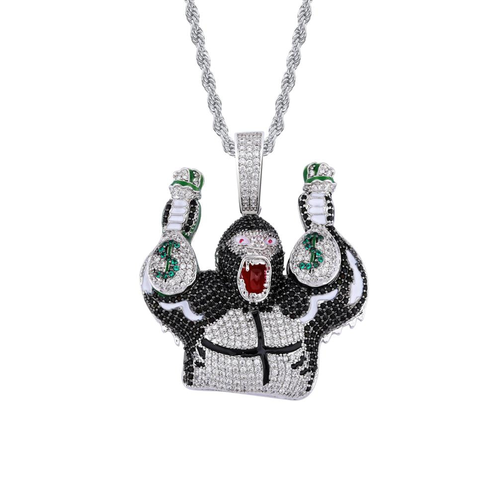 GUCY Animal Gorilla Pendant Necklace With Tennis Chain Silver Color Charm Bling Cubic Zircon Men's Hip Hop Rock Jewelry