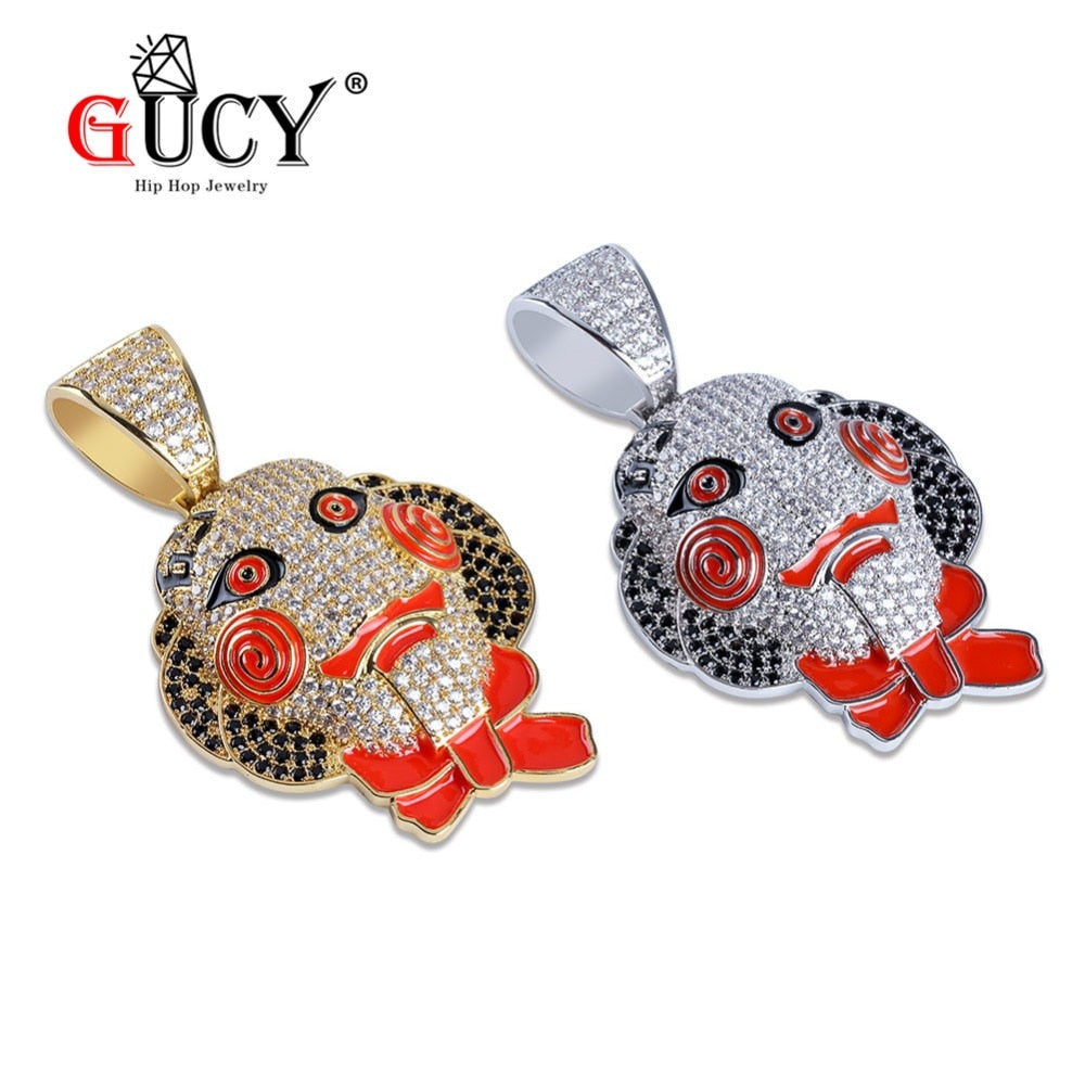 GUCY Hip Hop Clown Pendant Necklace Iced Out Cubic Zircon  Saw Horror Movie Theme Necklaces Men's Charm Gifts