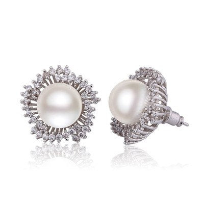 Perfect Round Pearl Earrings for Women Gold-color Stud Earing Flower Wedding Black Big Pearl Crystal CZ Jewelry E516