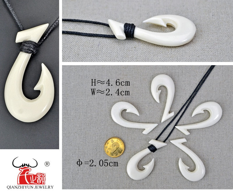 GX002 Handmade Men's Jewelry Primitive tribes Zealand Maori Pendant Yak Bone Fish Hook Choker Womens Necklace for surfing