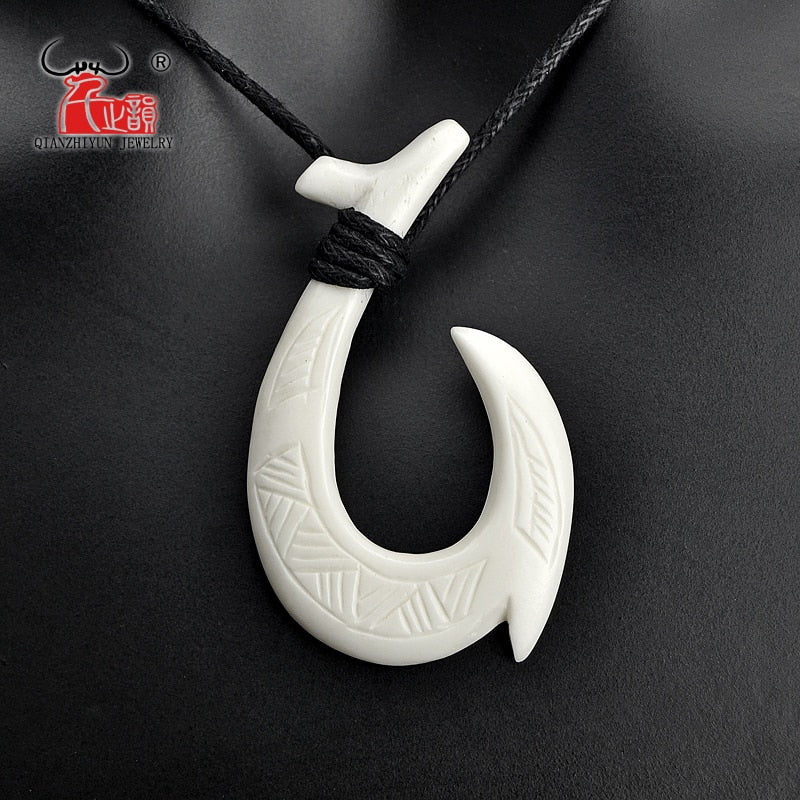 GX121 Handmade Men's Jewelry Primitive tribes Zealand Maori Pendant Yak Bone Fish Hook Choker Hawaii Necklace for surfing