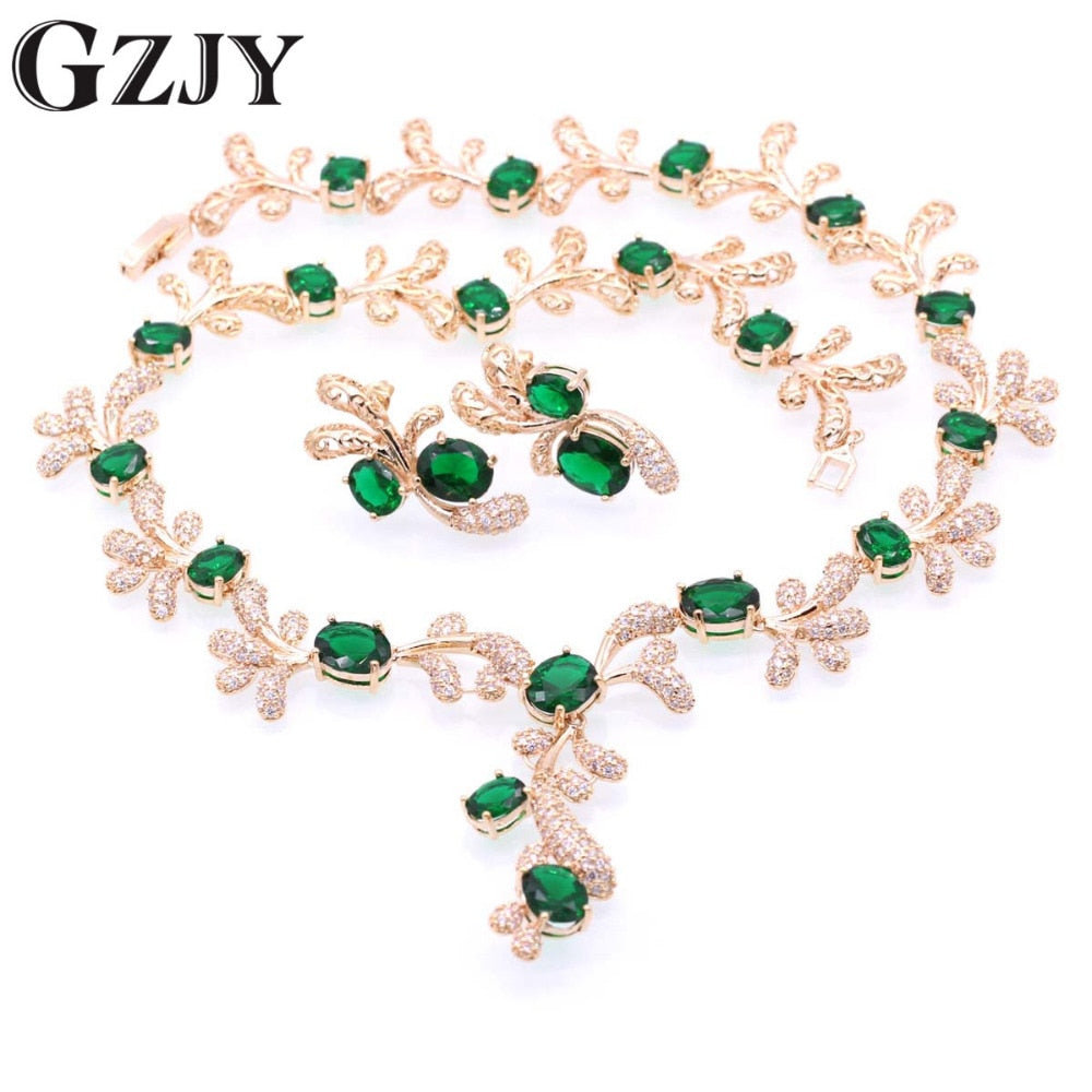 GZJY Beautiful Champagne Gold Color Crystal AAA Zircon Necklace Earring Jewelry Set For Women Fashion Wedding Jewelry 5color
