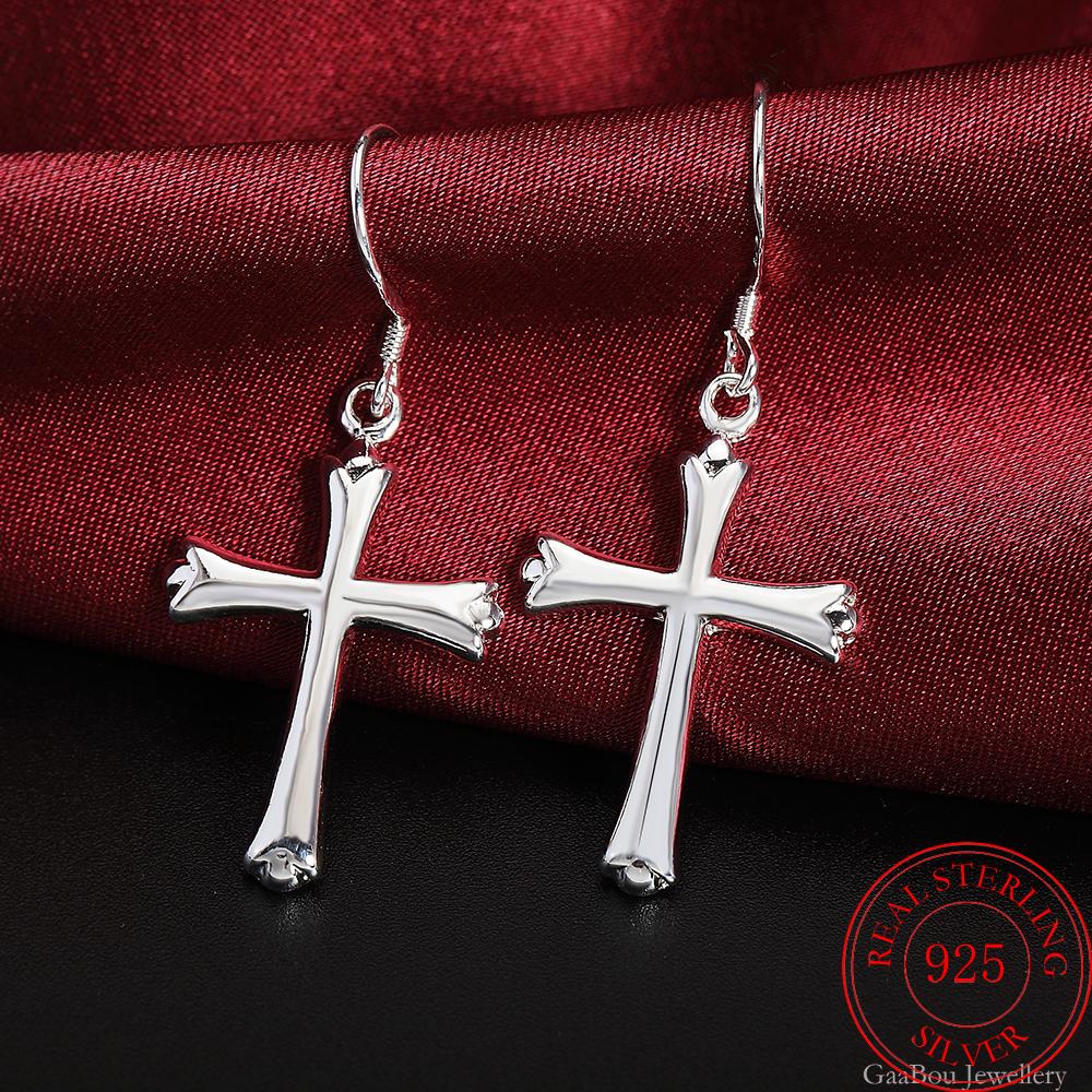 GaaBou Long Hanging Fine Earrings Hooks Dangle Drop Pendants Accessorie Cross 925 Stamp Silver Color Women's Christmas Jewelry