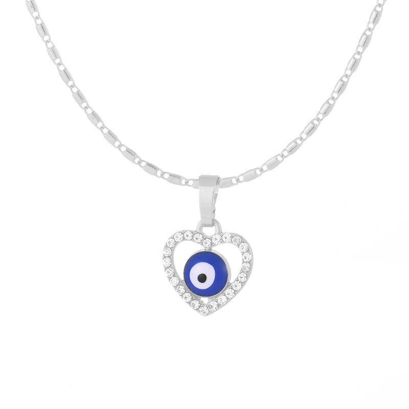 Gargantilla con colgantes en forma de corazón para mujer, azul plateado Collar de plata, esmalte de ojo malvado, joyería de Glamour al por mayor