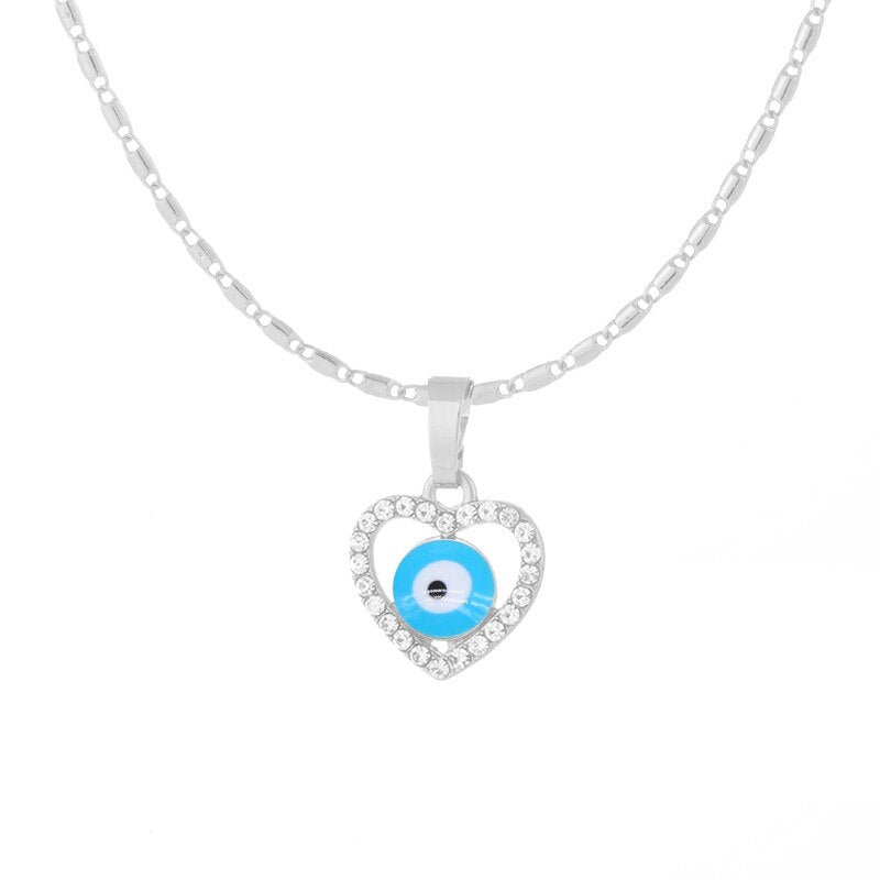 Gargantilla con colgantes en forma de corazón para mujer, azul plateado Collar de plata, esmalte de ojo malvado, joyería de Glamour al por mayor