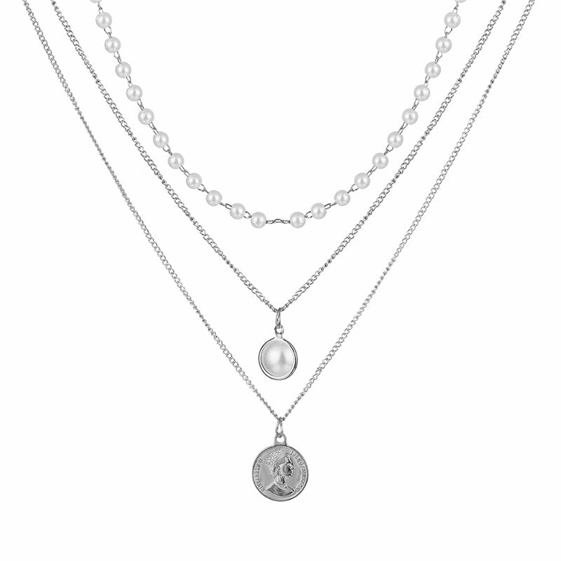 Gargantilla multicapa con cadena de monedas para mujer, collar de perlas de Color dorado y plateado, colgante con retrato de moda, joyería para mujer