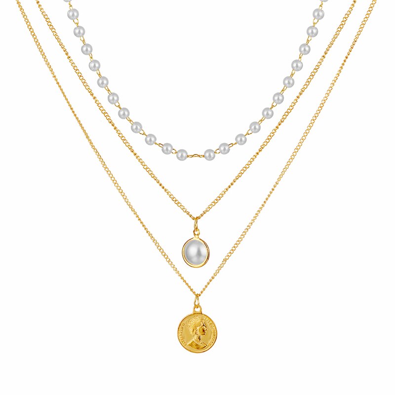 Gargantilla multicapa con cadena de monedas para mujer, collar de perlas de Color dorado y plateado, colgante con retrato de moda, joyería para mujer
