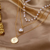 Gargantilla multicapa con cadena de monedas para mujer, collar de perlas de Color dorado y plateado, colgante con retrato de moda, joyería para mujer