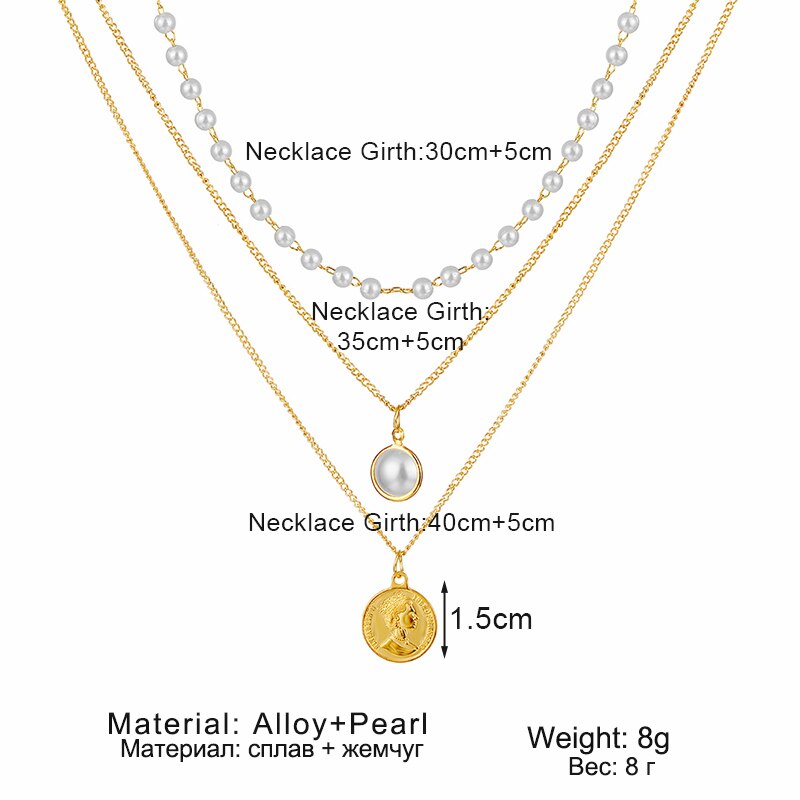 Gargantilla multicapa con cadena de monedas para mujer, collar de perlas de Color dorado y plateado, colgante con retrato de moda, joyería para mujer