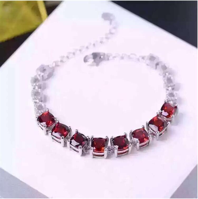 Garnet chain bracelet Free shipping Real natural red garnet 925 sterling silver Luxury bracelets 7*7mm 8pcs