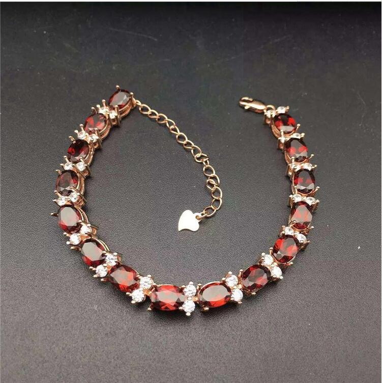 Garnet chain bracelet Free shipping Real natural red garnet 925 sterling silver Luxury bracelets Gem Size 5*7mm 15pcs