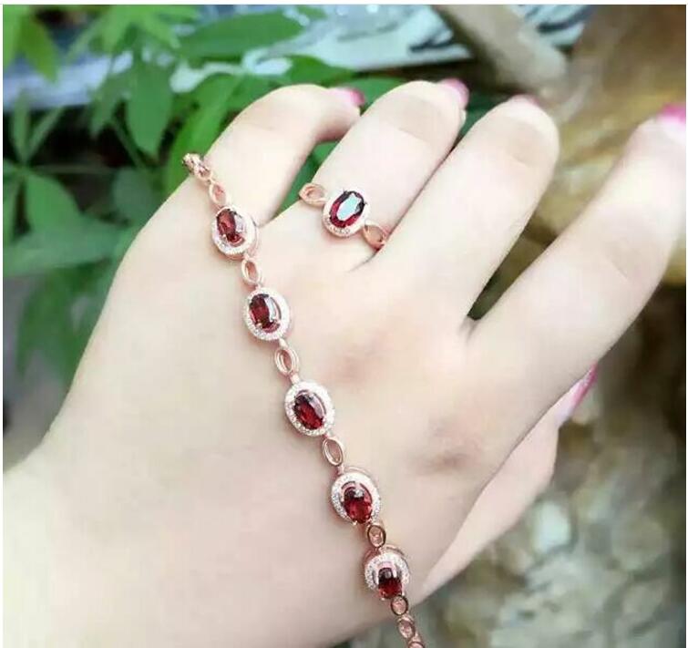 Garnet chain bracelet Free shipping Real natural red garnet 925 sterling silver Luxury bracelets Gemstone size: 4*6mm 6pcs