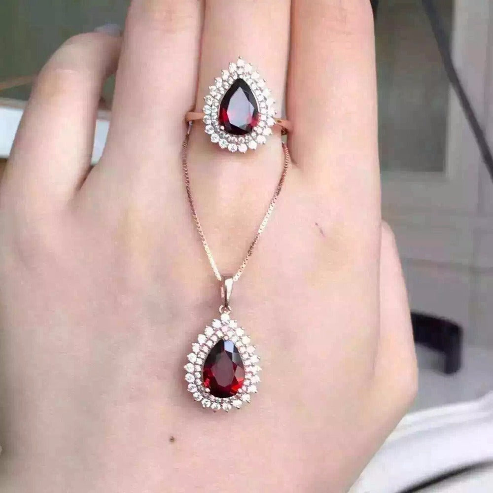 Garnet set   925 Silver Rose silver inlaid Ruby Ring Necklace Pendant