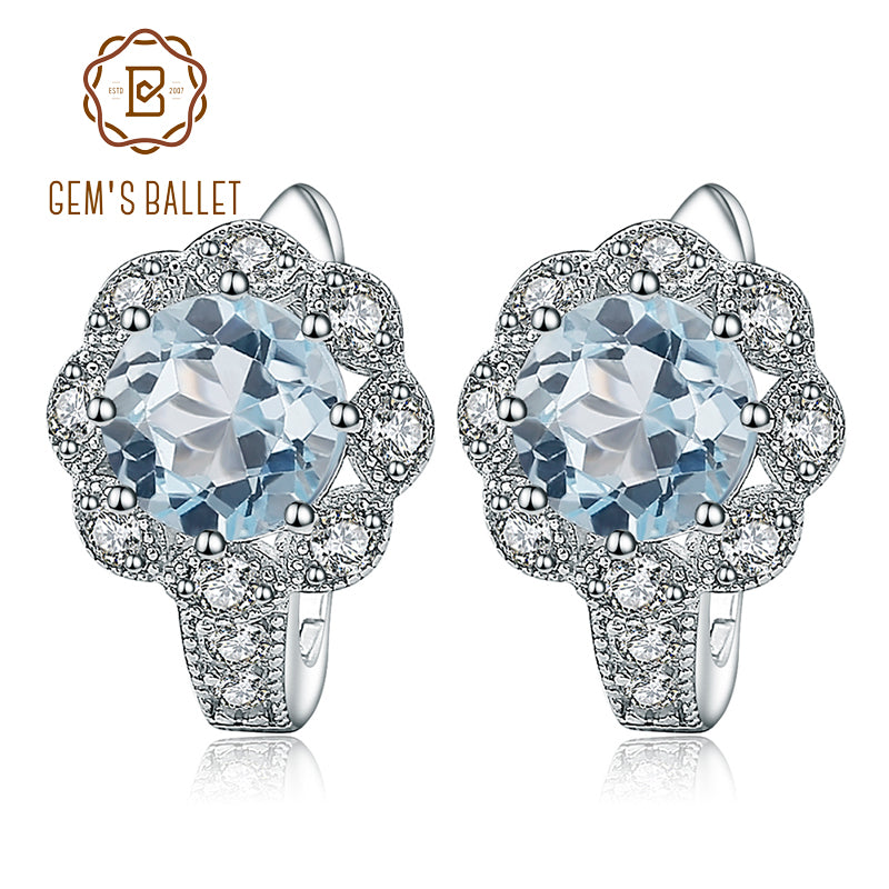 Gem-s-Ballet-925-Sterling-Silver-Vintage-Earrings-3-33Ct-Round-Natural-Sky-Blue-Topaz-Gemstone