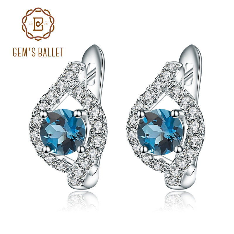 Natural London Blue Topaz Earrings 100% Pure 925 Sterling Silver Clip Earrings For Women Vintage Fashion Jewelry