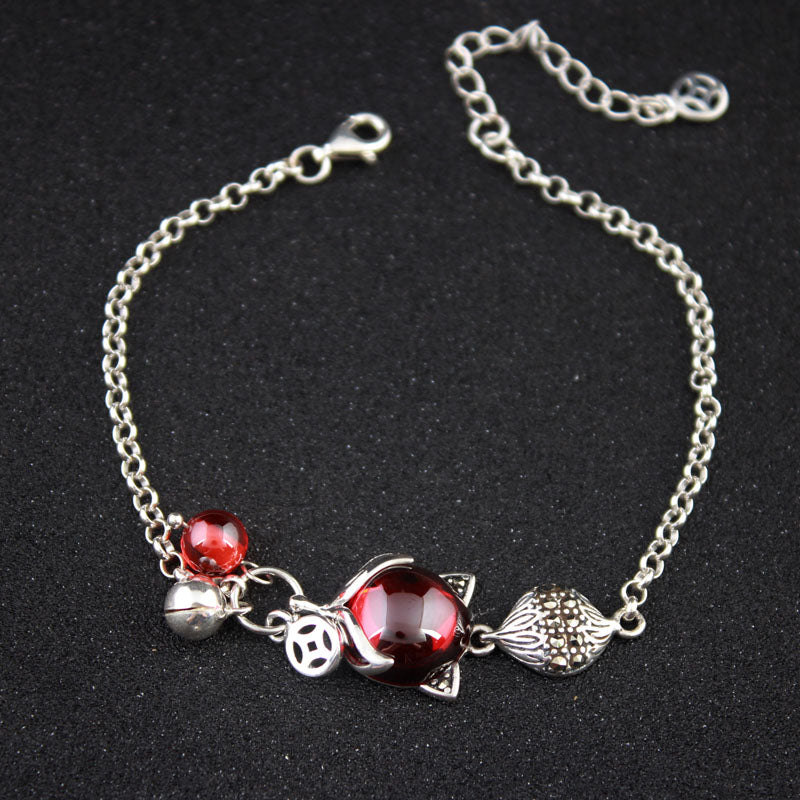Gemstone Jewelry 100% 925 Sterling Thai Silver Bracelet For Women Handmade Red Garnet Fox Animale Long Chain Vintage Bangle