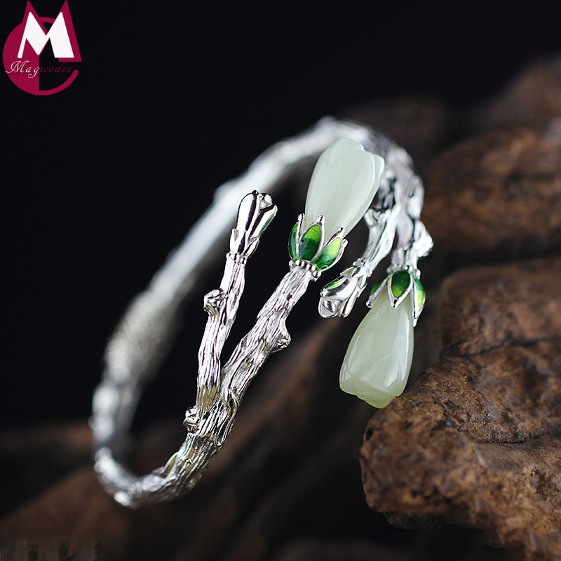 Gemstone Jewelry Natural Jade Flower Magnolia Fine Tree Branch Bangle For Women Mother's Gift 925 Sterling Silver Bracelet SB70
