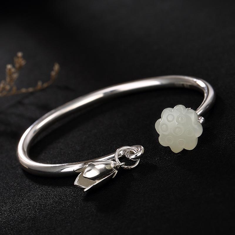 Gemstone Natural Sterling Silver 925 Bracelets For Women Lotus Flower Engraved Natural Jade Gemstone Smooth Opening Type