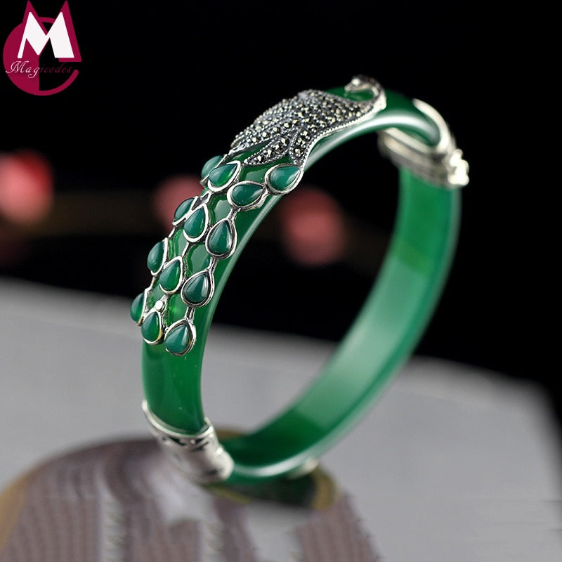 Gemstones Jewelry Ethnic Grandeur Peacock Jade Bangle For Women Bracelet 925 Silver Female Original Design Chalcedony Gifts SB54