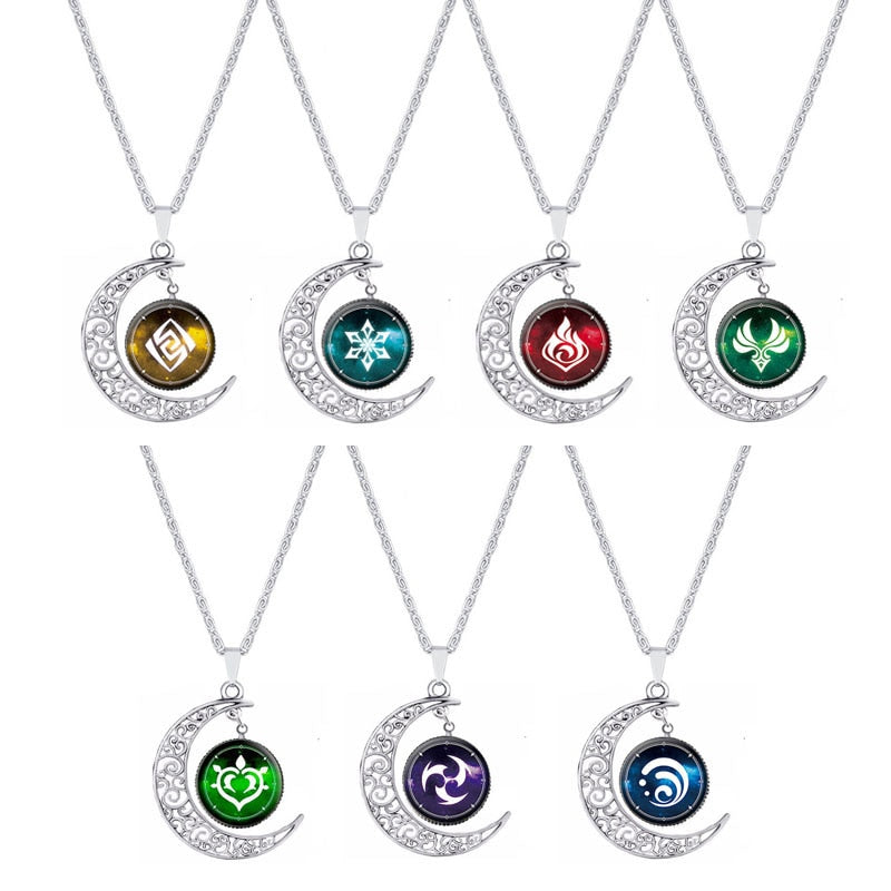Genshin Impact Eye of God Necklace Anime Game 7 Elements Glass Cabochon Moon Shape Pendant Necklaces